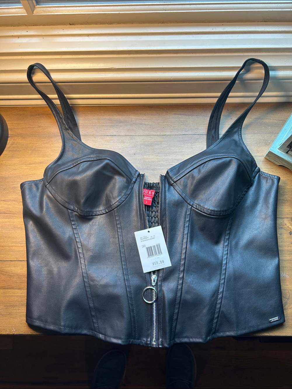 Guess Black Faux Leather Bustier Crop Top with Front Zip
